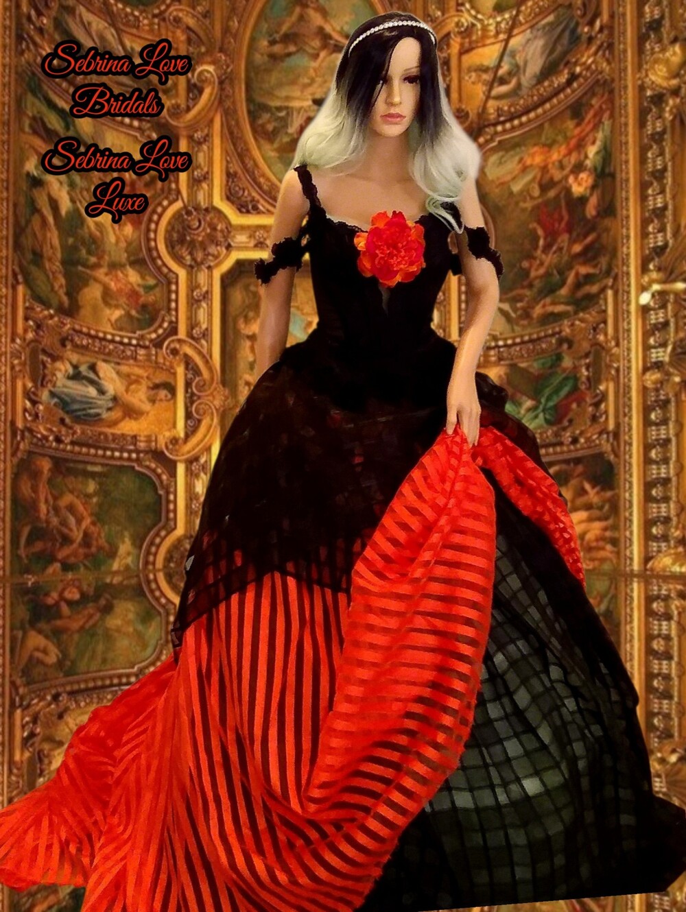 DRUNELLA Goth Black & Orange Wedding Ballgown Set